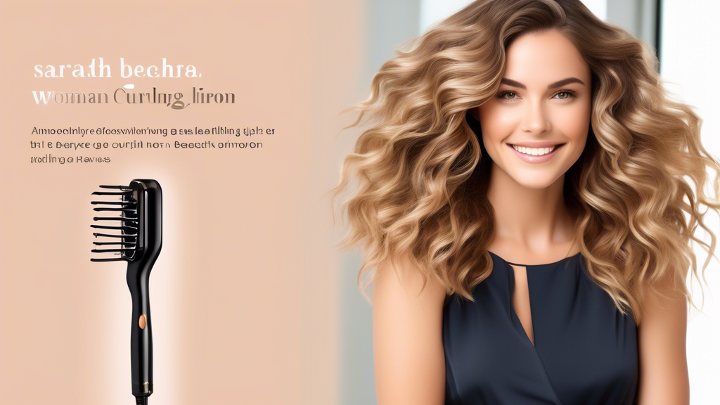 Create an image showcasing a woman with effortlessly wavy hair, styled with a sleek, modern curling iron. The curling iron should be clearly branded as the Sarah Potempa Beachwaver. The setting can be