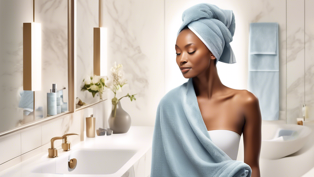 Create an image showcasing the Aquis Lisse Luxe Hair Towel in a stylish bathroom setting. The towel should be elegantly draped over a woman's shoulders, with her hair looking noticeably healthier and 