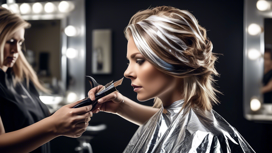 Create a high-definition, instructional image showing a hair salon scene where a professional hairstylist is skillfully using aluminum foil to highlight a client's hair. The image should capture the s