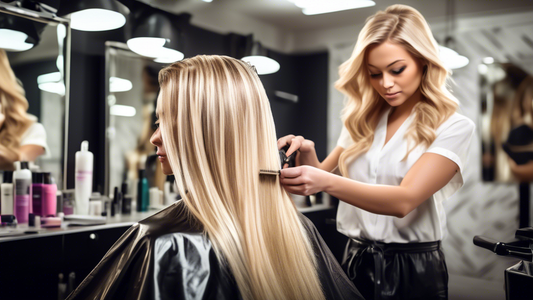 Create a high-definition image of a hair salon scene where a skilled hairdresser is meticulously applying foils to a client's hair. The client is aiming for the perfect blonde shade, with an array of 