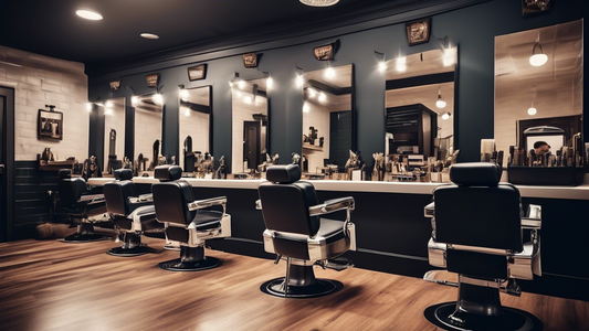 Create an image of a modern, stylish barbershop with a variety of male clients getting haircuts. Show a friendly, skilled hairstylist consulting with a client using a hair portfolio, while other clien