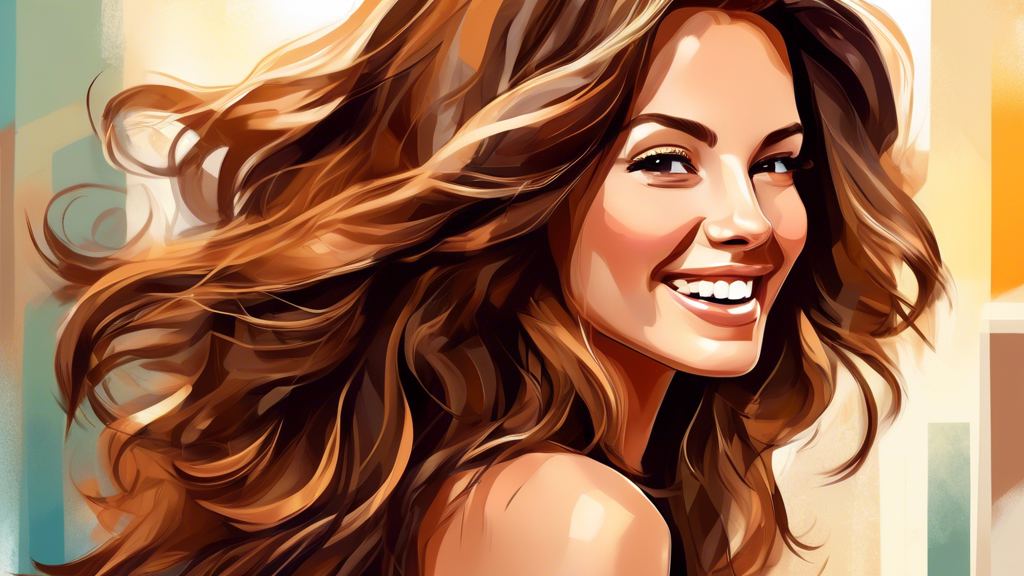 Create a vibrant and stylish image of a person with medium-length, wavy brown hair featuring subtle, sun-kissed highlights. The background should be a modern, chic hair salon, and the person should be