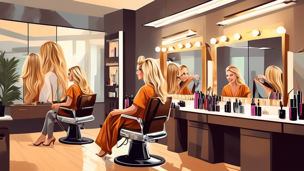 Create a highly detailed image of a modern salon setting where a skilled hairstylist is applying blond and brown foils to a client's hair. Capture the client's joyful anticipation and the stylist's fo