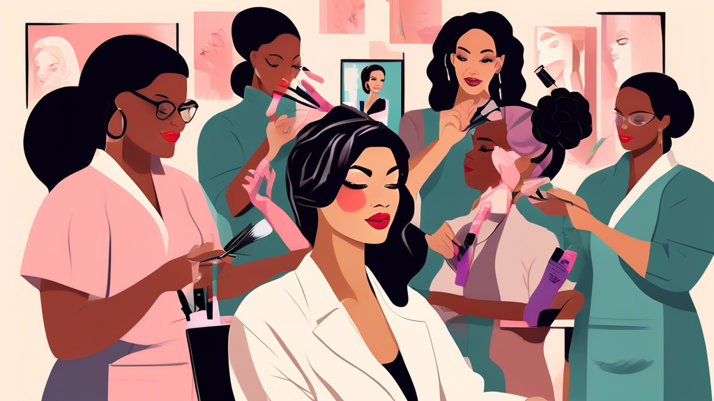 Create a digital illustration showcasing a diverse group of cosmetologists engaged in various beauty practices, such as hairstyling, makeup application, and nail care, all under the observation of a p