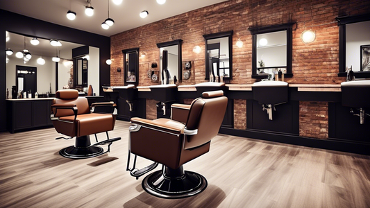 Create an image of a stylish, modern men's hair salon featuring a sleek interior, comfy barber chairs, well-dressed barbers cutting and styling hair, and customers looking satisfied and relaxed. Inclu