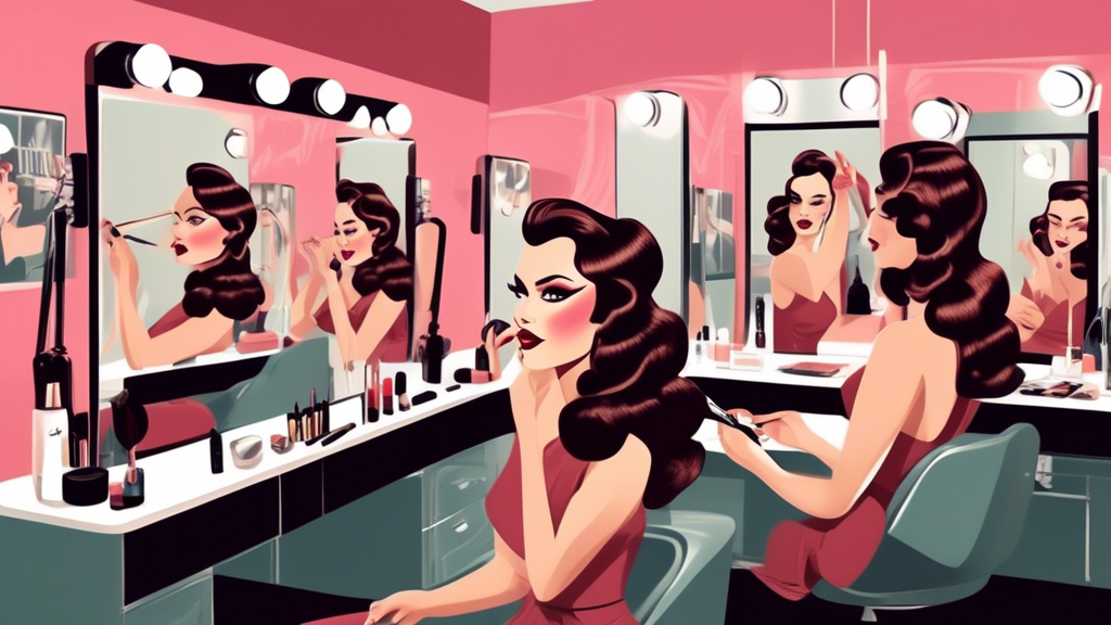 Create an illustration of students at the Hollywood Beauty Academy, set in a luxurious, modern classroom with mirrors, makeup stations, and styling tools. Show them practicing hair and makeup techniqu