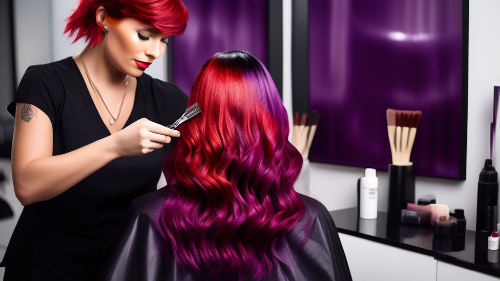 Create a highly detailed image of a hairstylist in a chic, modern salon setting skillfully applying L'Oréal HiColor hair dye to a client's hair. The client has bold, vibrant hair colors in shades of r