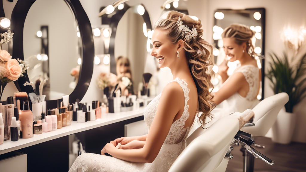 Create an elegant image of a bride sitting in a luxurious, well-lit salon, surrounded by various hairstyling tools and products. The hairstylist is skillfully arranging the bride’s hair into a beautif