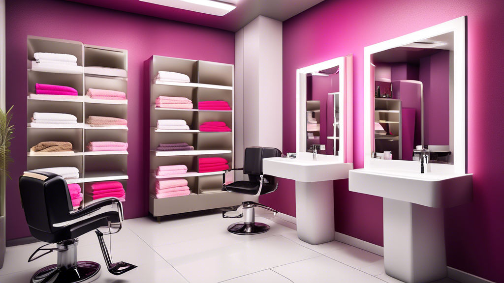 Create a vibrant and inviting scene of a high-end hair salon featuring a stack of luxurious, high-quality towels in various colors. The towels should have a soft, plush appearance and be neatly arrang