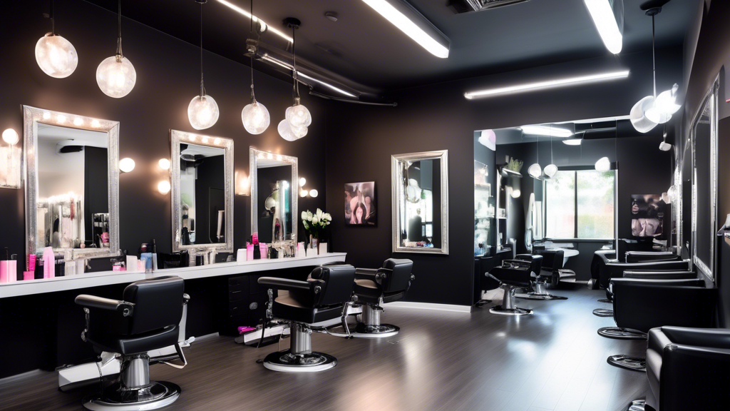 An elegant and modern salon academy, filled with students and professional instructors actively engaged in hairstyling, makeup, and nail art. The space has bright, welcoming lighting, stylish decor, a