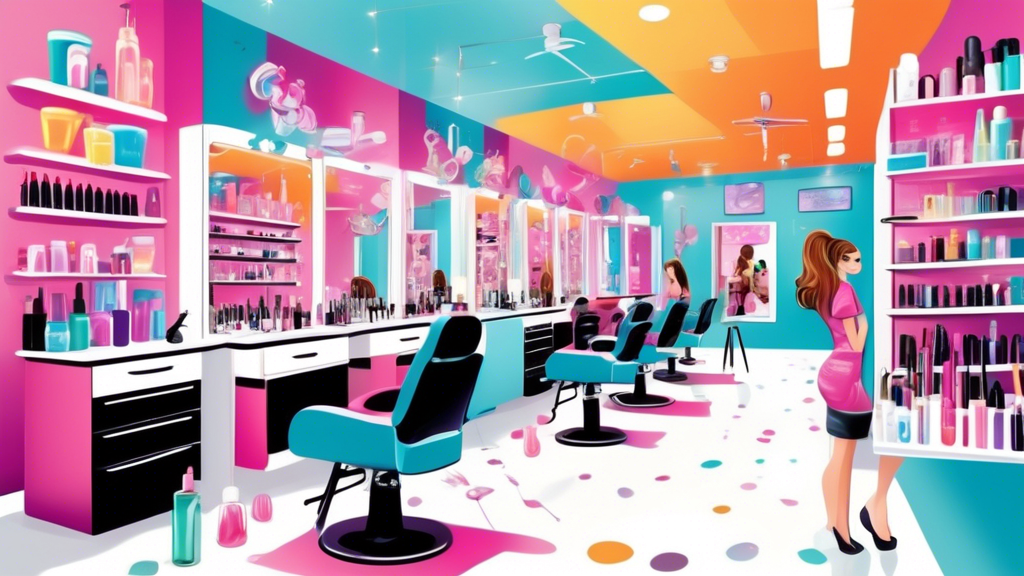 A vibrant and modern beauty school classroom filled with students practicing various cosmetology techniques such as hairstyling, makeup application, and nail art. In the background, shelves are lined 