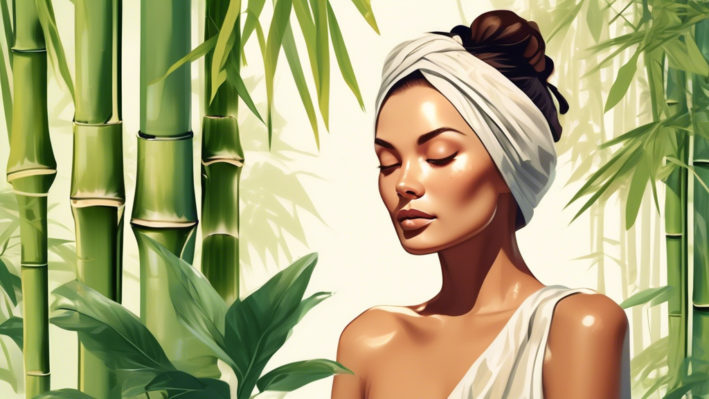 Create a serene and spa-like scene featuring a woman with wet hair wrapped in a luxurious bamboo hair wrap, surrounded by bamboo plants and natural decor. The soft lighting and tranquil atmosphere sho