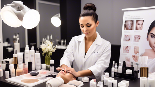 Create an image of an esthetician in a modern and chic spa environment attending a workshop or class. The esthetician is shown practicing advanced skincare techniques on a model, surrounded by high-te