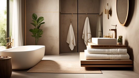 Create an image of a luxurious bathroom setting featuring beautifully designed, eco-friendly towels that embody a combination of elegance and sustainability. The towels should display subtle, stylish 