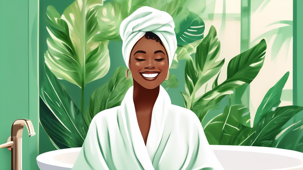 Create an image of a woman with a radiant smile using a luxurious, soft hair turban towel. Show her in a relaxed bathroom setting with a steamy background, lush green plants, and ambient natural light