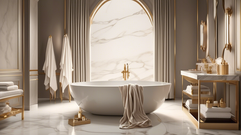 Create an image of a sleek and luxurious bathroom setting featuring 'The Crown Affair Towel' prominently displayed. The scene should highlight the towel's soft texture and elegant design, draped grace