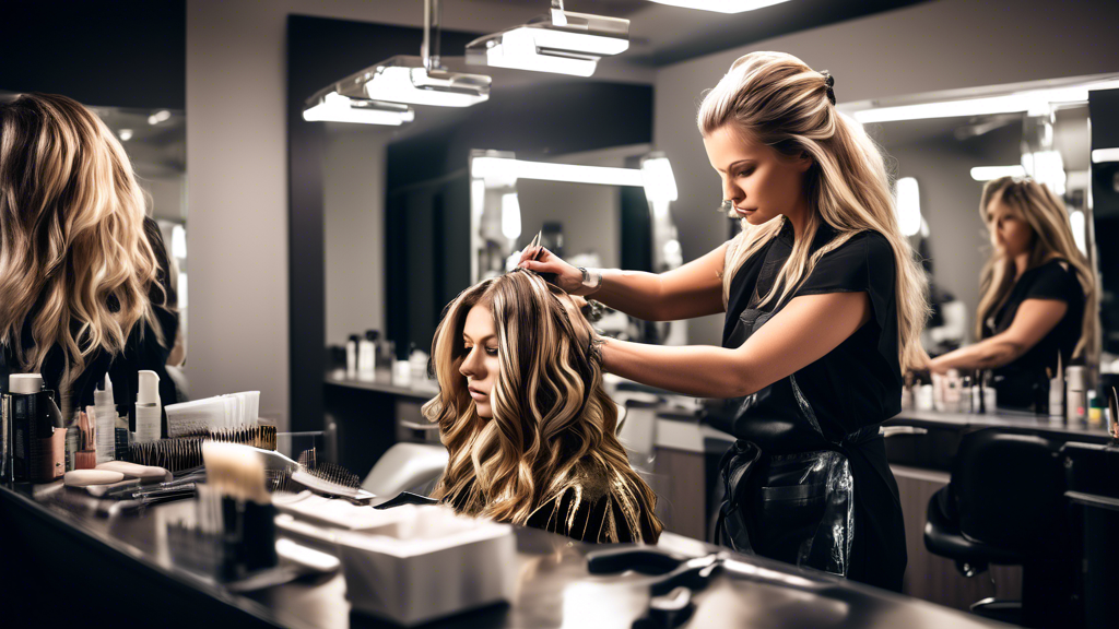 Create an image of a professional hairstylist working in a modern, brightly lit salon, applying hair foils to a client's hair to create perfect highlights. The stylist is carefully sectioning and fold