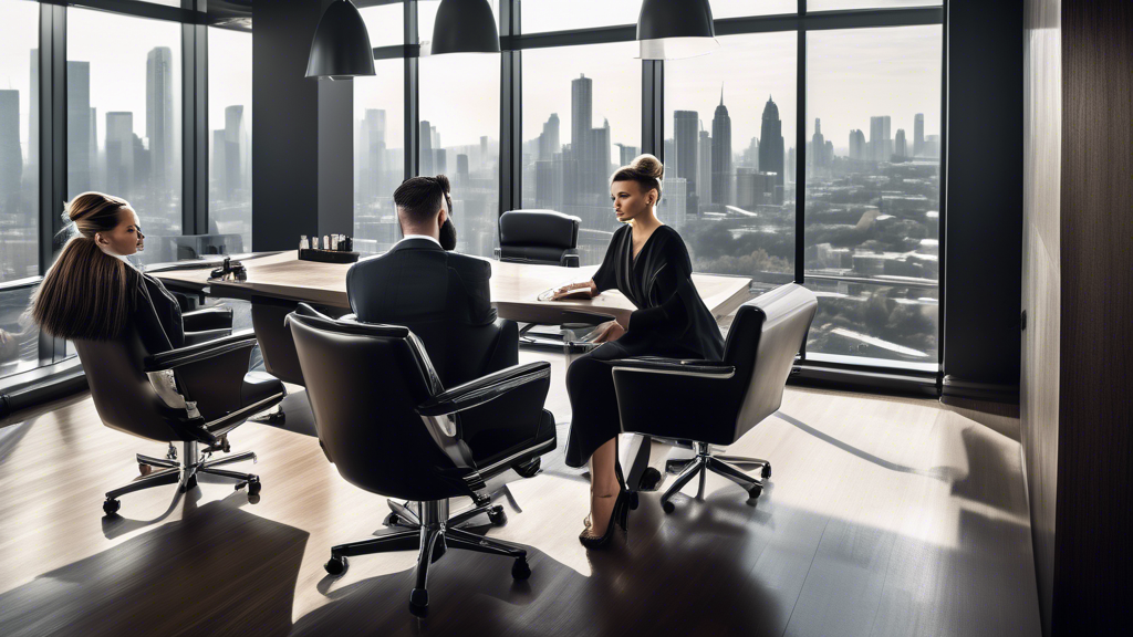 Create an image of a modern, sleek corporate boardroom with large windows overlooking a city skyline. In the center, a professional hairstylist is attending to an executive who is seated at the head o