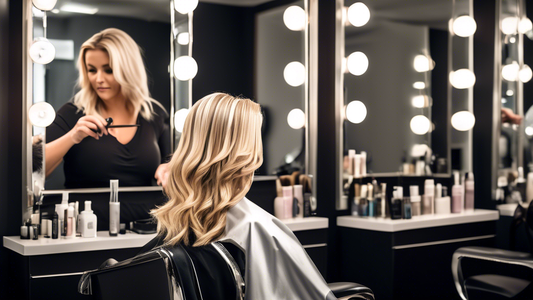 Create an image of a modern, stylish hair salon interior where a professional hairstylist expertly applies foils to a client's hair to create perfect blonde highlights. The client is comfortably seate