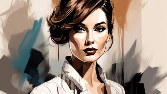 Create a stylish and chic portrait of a woman with brown hair featuring black highlights, set against a modern, fashion-forward background. The hairstyle should look fresh and elegant, with subtle yet