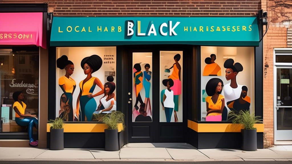 Create an inviting street scene in a diverse urban neighborhood with a vibrant salon storefront titled 'Local Black Hairdressers'. The salon features stylish hairstyles, happy clients, and skilled hai