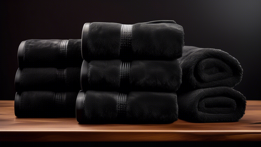 Create a vibrant and engaging image showcasing a variety of high-quality, stylish black hairdressing towels neatly arranged in a modern salon setting. The towels should come in different textures, lik