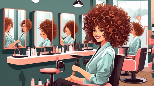 Create an illustration of a cozy, modern hair salon bustling with activity. Hairdressers specializing in curly hair are working attentively on clients with a variety of curly hairstyles. Include diver