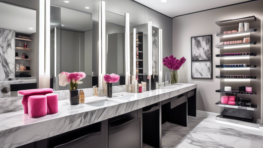 Create an image of a modern, chic bathroom where several stylish hair wrap dryers are showcased. The dryers should be in vibrant colors, sleek and ergonomic in design, and displayed on a luxurious mar