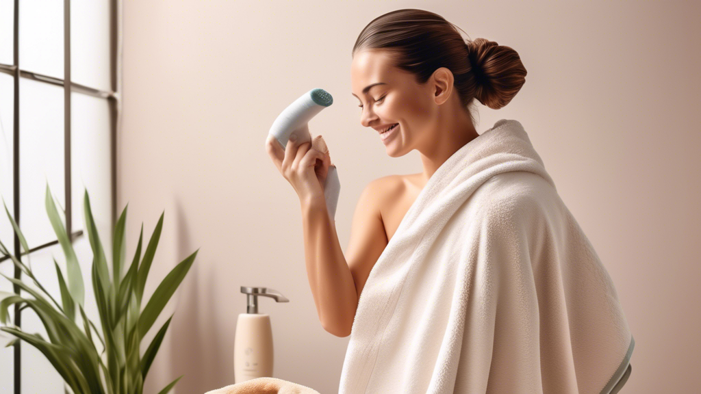 Create an image depicting a serene bathroom setting with a person happily drying their hair using an Ettitude Hair Towel. The towel should be made of a soft, luxurious bamboo fabric, clearly showcasin