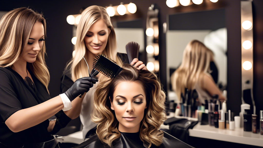 Create a vibrant, high-definition image of a hair salon scene where a stylist is carefully applying blond foils to a client's dark brown hair. The client is sitting in a modern salon chair, looking re