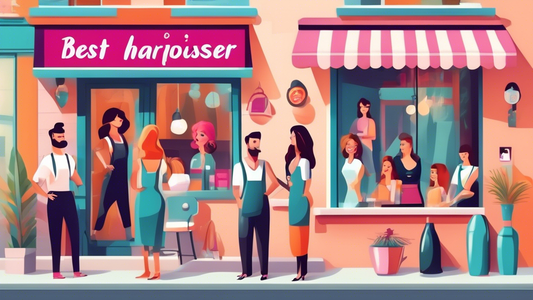 A vibrant street scene showcasing various stylish hair salons with attractive storefronts, each with signs like 'Best Hairdresser in Town' and 'Top-Rated Styling.' Happy customers with trendy haircuts