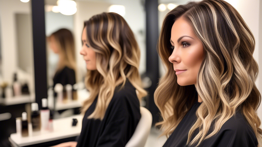 Create an image of a serene salon setting with a professional stylist meticulously applying balayage highlights to a client's hair. The client's hair should look rich and glossy, showcasing the seamle