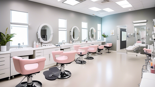 Prompt: Create an image of a modern and stylish esthetics classroom at Bellus Academy, filled with vibrant activity. Show aspiring estheticians working on skincare treatments and facials, using advanc