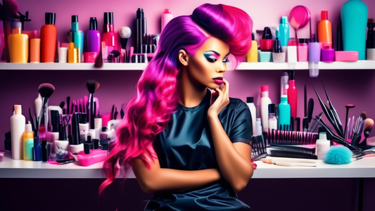 An ambitious cosmetology student in a vibrant, well-equipped beauty school, practicing hairstyling on a mannequin head. They are surrounded by tools like scissors, combs, and makeup, with shelves full