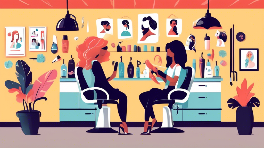 Create an image of a cheerful, modern hair salon with a focus on a friendly hairdresser interacting with a client in the chair. The hairdresser is holding various styling tools and helping the client 