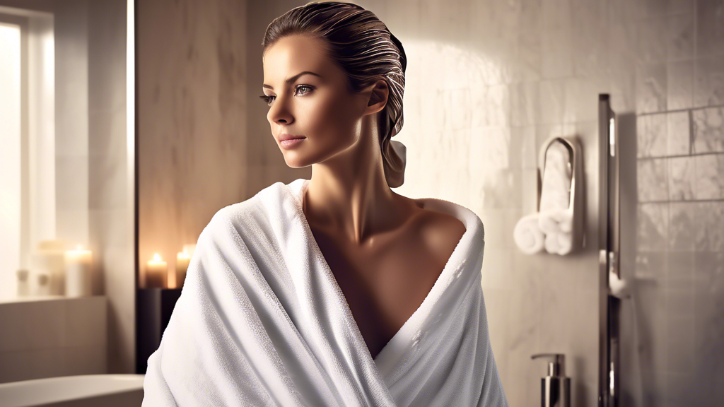 Create an image of a modern, stylish bathroom setting featuring a person with wet hair wrapped in a luxurious, high-tech towel labeled Volo Hero Hair Towel. The towel should appear soft, absorbent, an