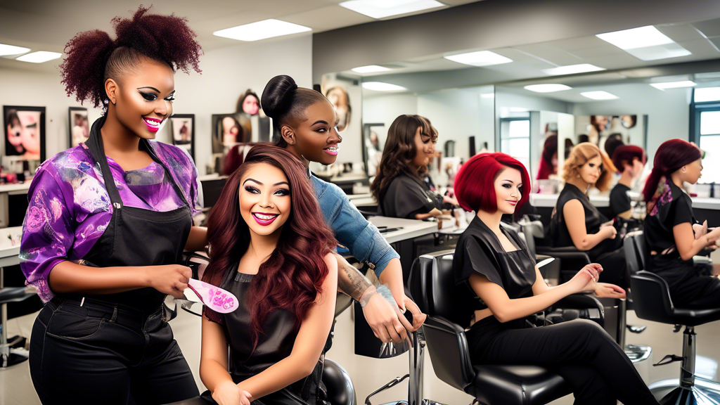 Create an image of a diverse group of cosmetology students in a modern, well-lit classroom setting, practicing various techniques such as hairstyling, makeup application, and nail art. Highlight a few