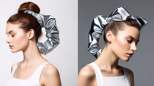 Create an image of a futuristic hair scrunchie that doubles as a hair dryer. The scrunchie should look stylish and high-tech, with small, discreet openings emitting gentle warm air. Show a person happ