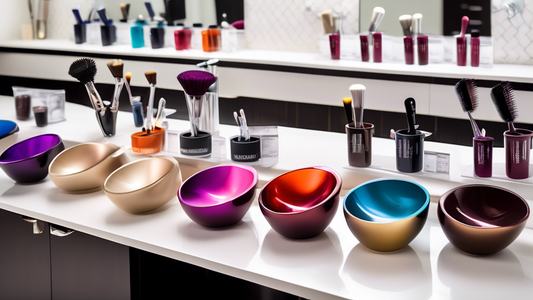 Promotional image showing a selection of high-quality hair color bowls in various sizes and materials, arranged neatly on a stylish salon countertop. Each bowl is labeled with benefits like non-slip b