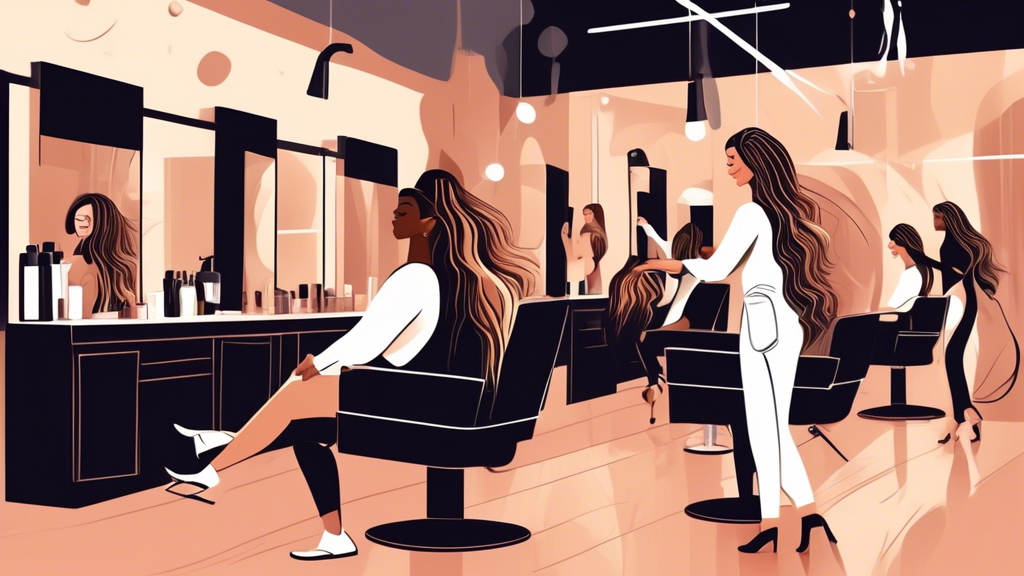 Create an image of a woman sitting in a modern, chic hair salon, with a hairstylist applying balayage highlights to her hair. The woman looks excited and happy, with a trendy outfit and a stylish atmo