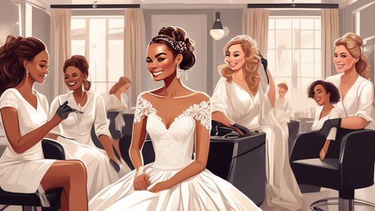 Create a highly detailed illustration of a bride sitting in a chic, well-lit salon. The bride is surrounded by a team of professional hair stylists, each showcasing different wedding hairstyle options