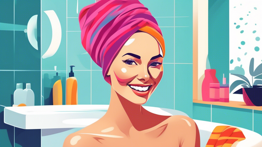 Create an image showing a woman in a modern, stylish bathroom. She is looking pleased and relaxed as she uses a vibrant, quick-dry hair towel to wrap her wet hair. The scene should emphasize speed and