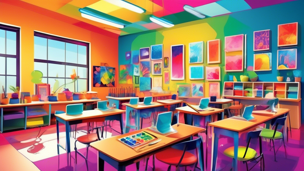 Create an image of a vibrant, modern classroom where students are engaged in various forms of artistic and aesthetic activities such as painting, digital design, and makeup artistry. The classroom sho