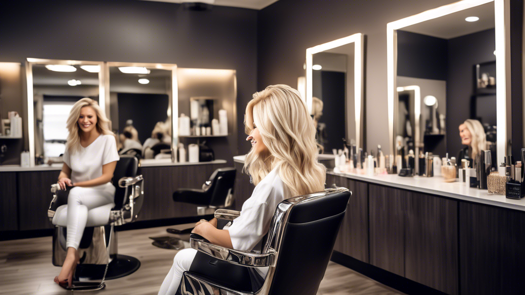 Create a high-quality image of a woman sitting in an upscale, modern hair salon. The stylist is applying blonde full foil highlights to her hair. The setting exudes a chic and sophisticated atmosphere