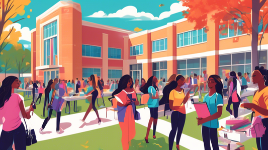 An illustration of a vibrant college campus bustling with diverse students, featuring a dedicated cosmetology building. The building has large windows showcasing students practicing hairstyling, makeu