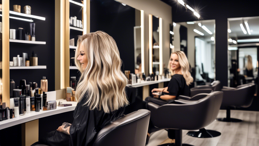 A stylish woman with dark hair sitting in a modern salon, mid-transformation, with blonde foils carefully placed throughout her hair. The salon has a contemporary design with sleek chairs, large mirro