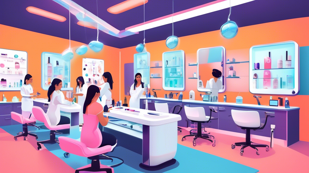 Create an image of a modern, high-tech classroom with students receiving hands-on skincare training. Include advanced skincare equipment, diverse students, and a knowledgeable instructor demonstrating