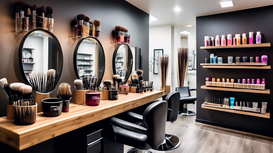 Create an image of a hair stylist's workstation featuring a variety of hair dye brushes and bowls. Display different styles and materials such as bamboo brushes, plastic brushes with fine bristles, an