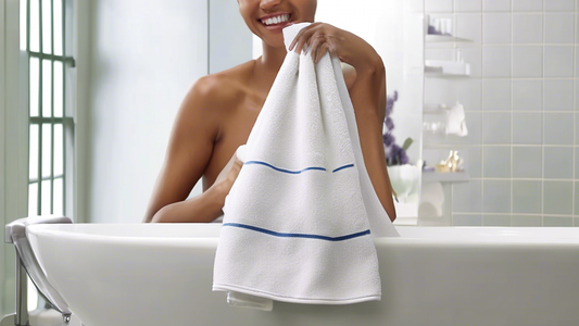 Create an image showcasing the Aquis super absorbent towels in action at various settings. Depict a vibrant bathroom scene with a lush, modern décor, highlighting a person joyfully drying their hair w