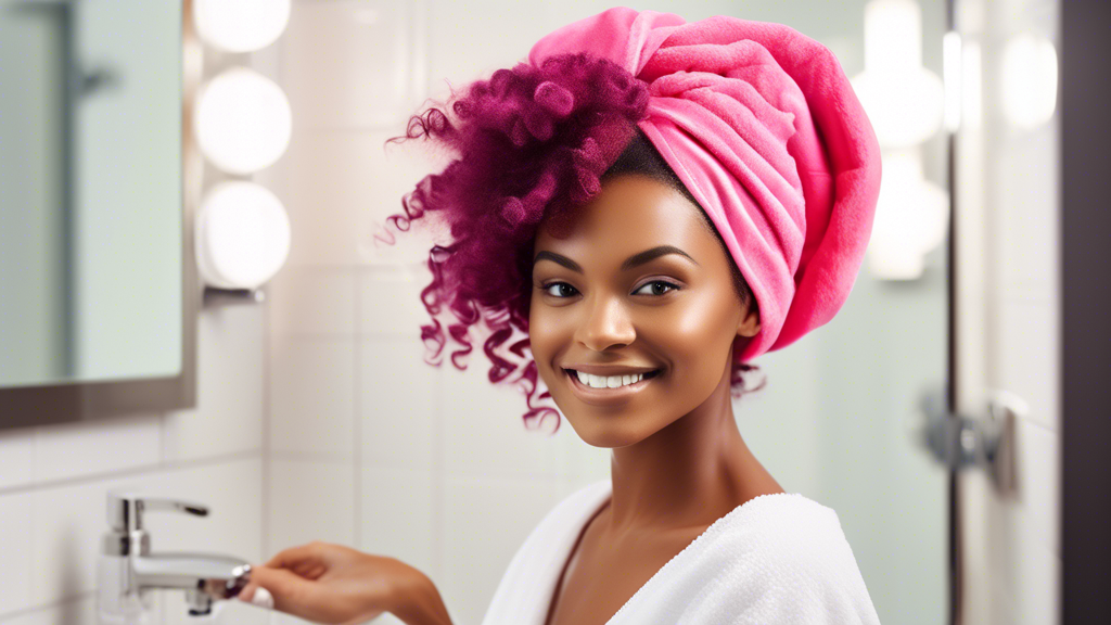 Create an image showcasing a woman with vibrant, healthy hair using a stylish, ultra-soft hair drying wrap in a modern, brightly lit bathroom. The wrap should visibly reduce frizz and add shine, highl